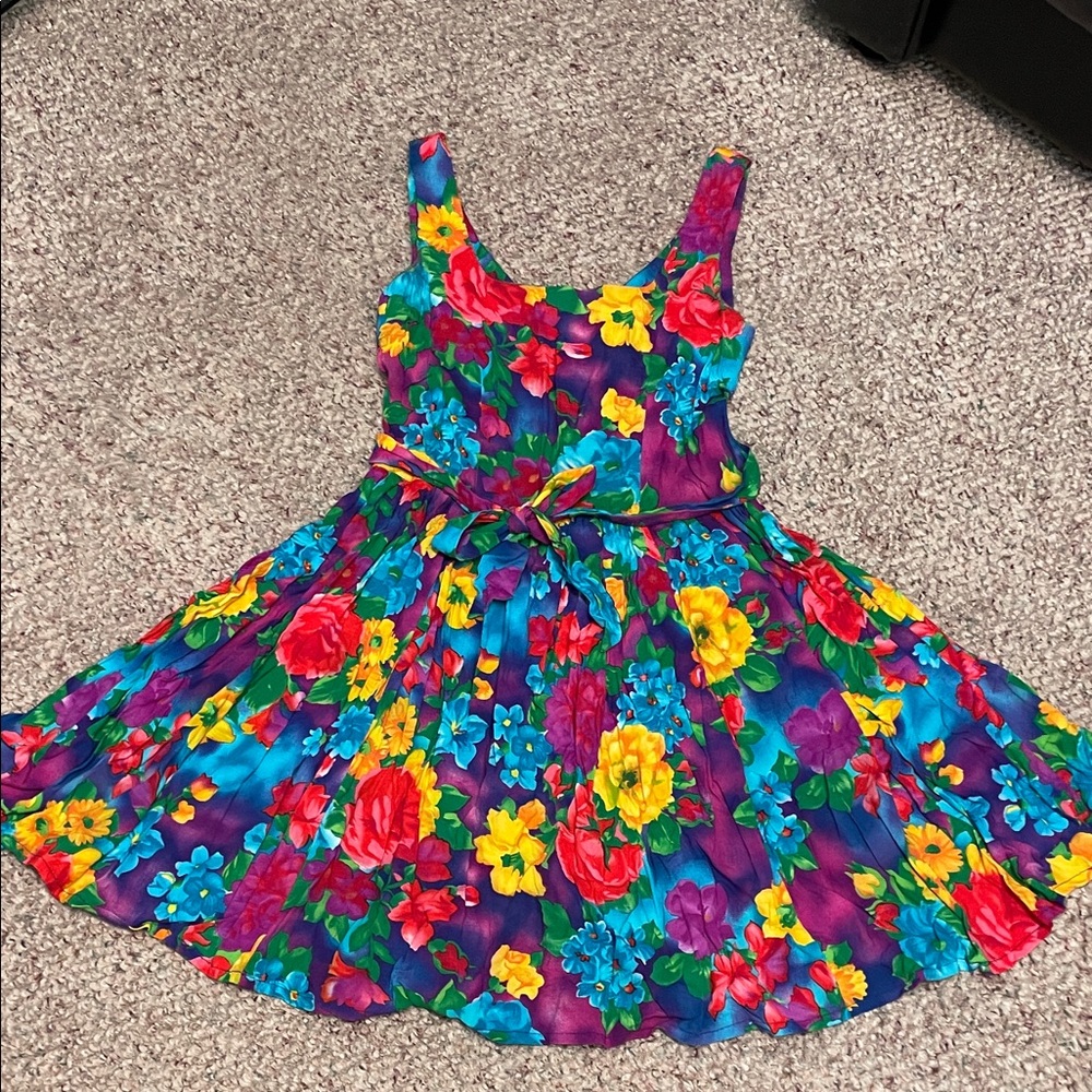 Vintage 90s le chateau Floral full skirted sleeveless mini dress with tie belt